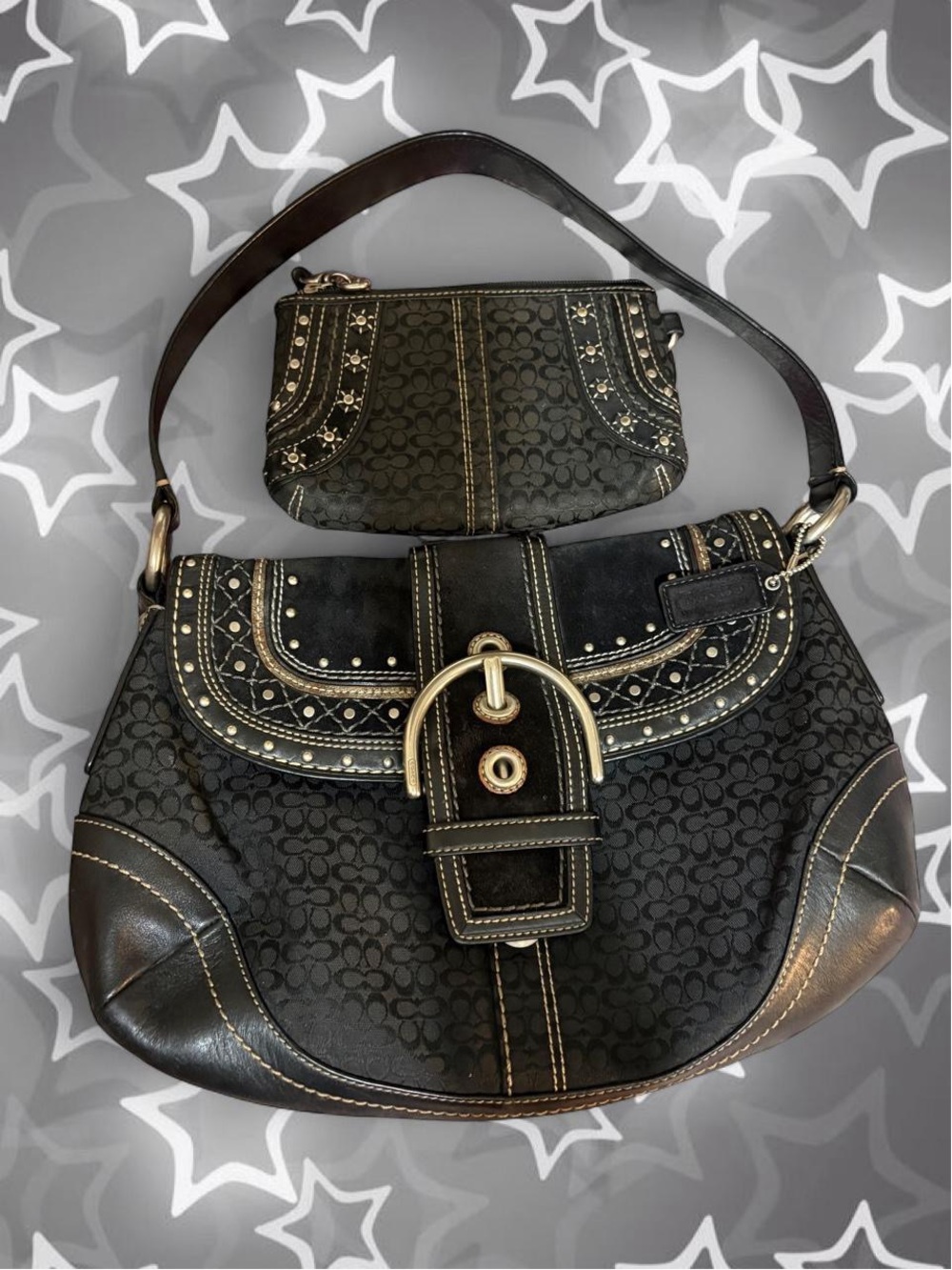 Coach Black Signature Canvas Soho Shoulder Bag with Matching Wristlet